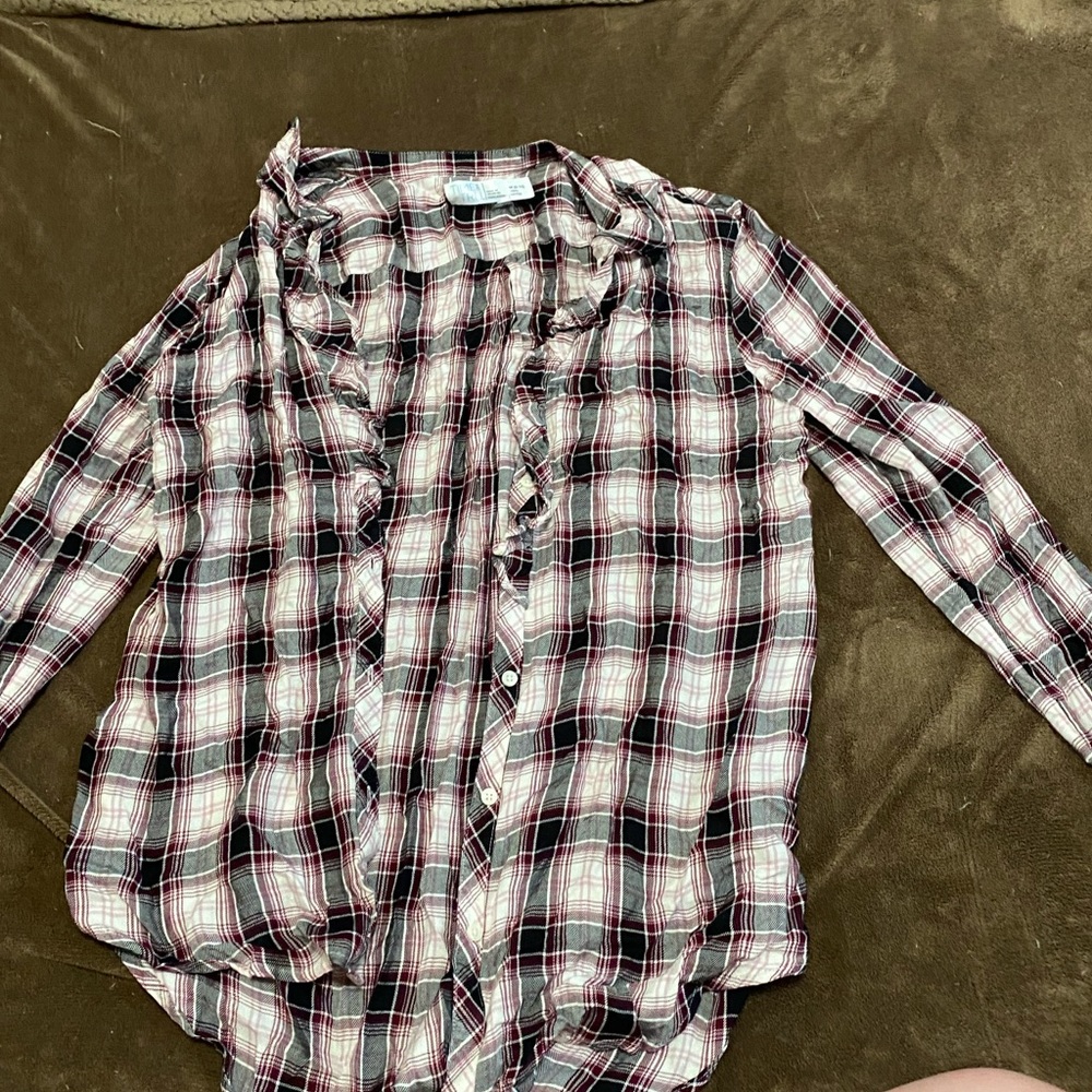 pink and black flannel shirt